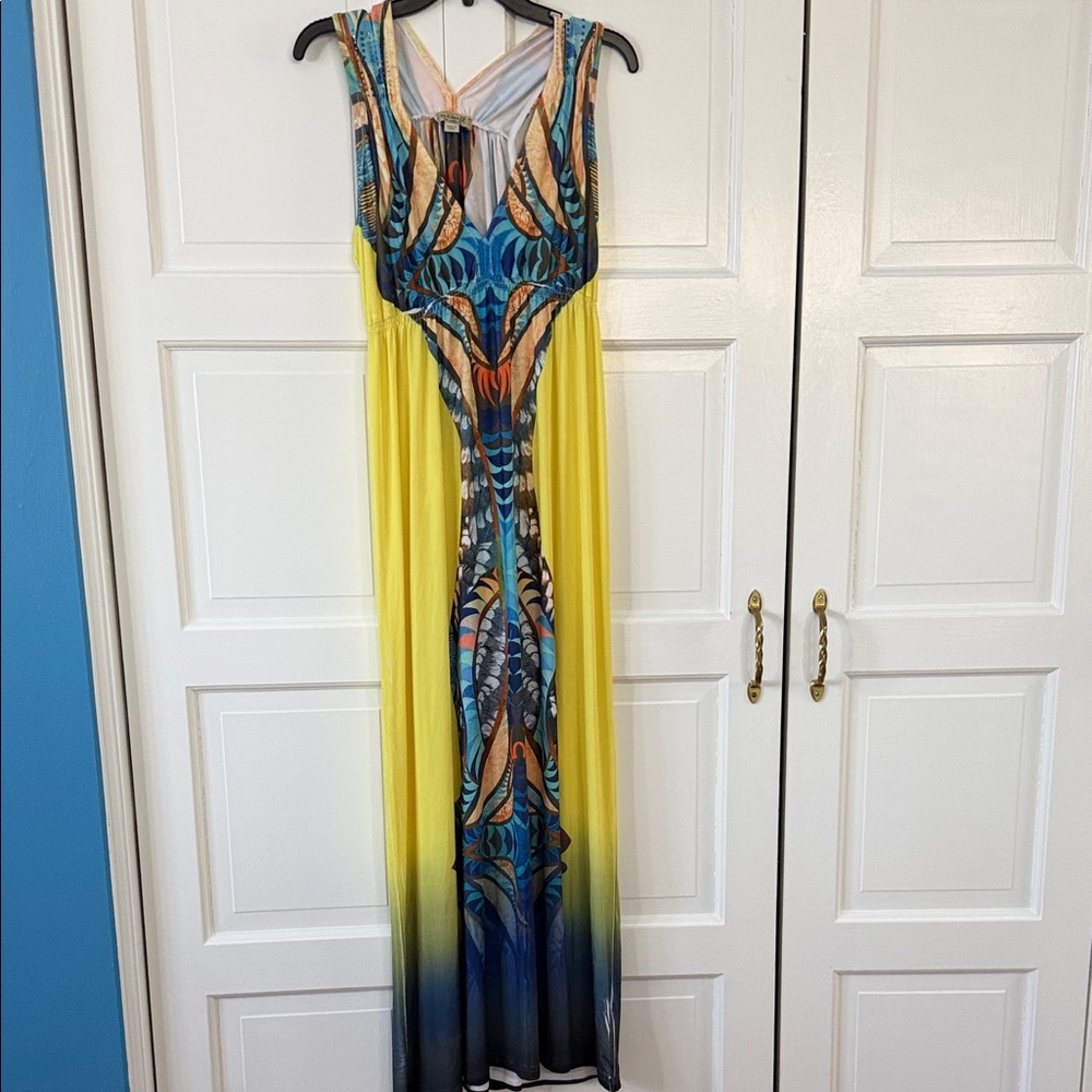 ONE WORLD Yellow and Blue Printed Maxi Dress